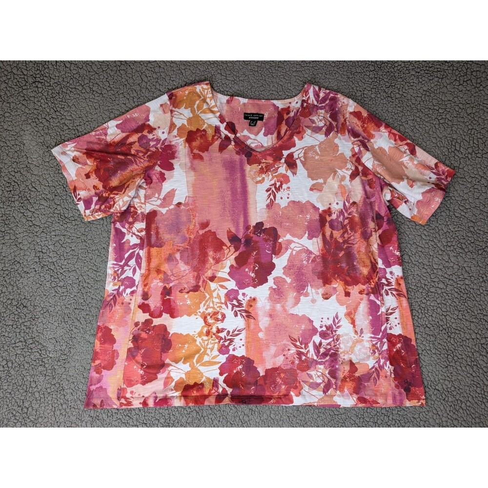 Susan Graver Weekend Top Size 2X Pink Red Stretch Floral Womens Cozy Pockets